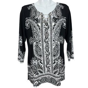 JM Collection Black and White Bohemian Paisley Embellished Tunic Blouse Large